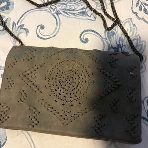 Olive Suede Laser-Cut Crossbody Bag with Chain Strap — Boho Clutch